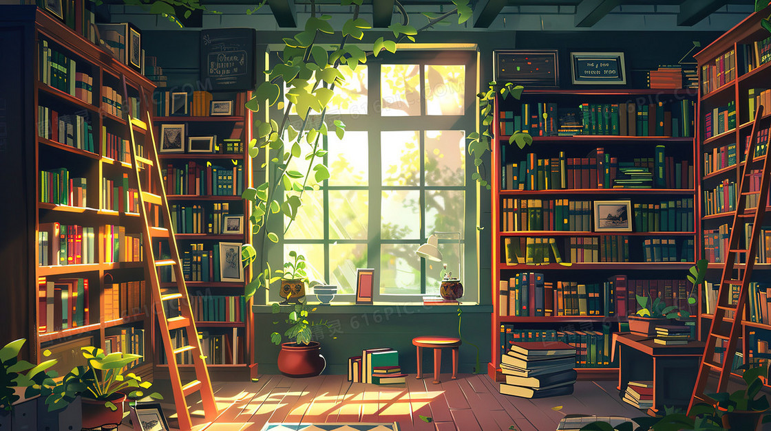 安静的图书馆书房场景插画