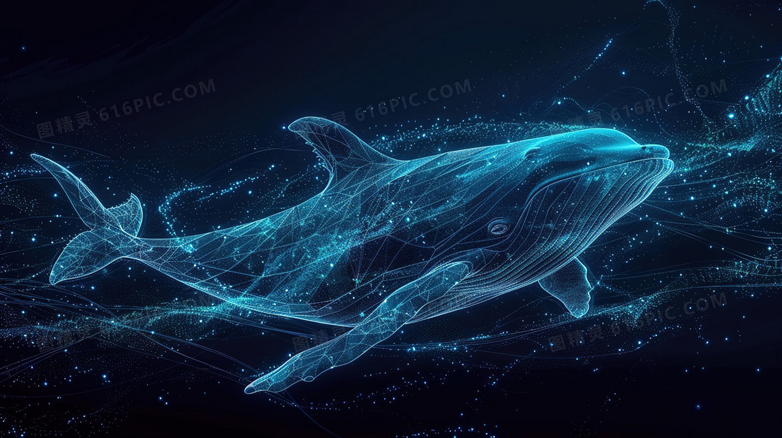 黑色背景上一条蓝色线条鲸鱼插画
