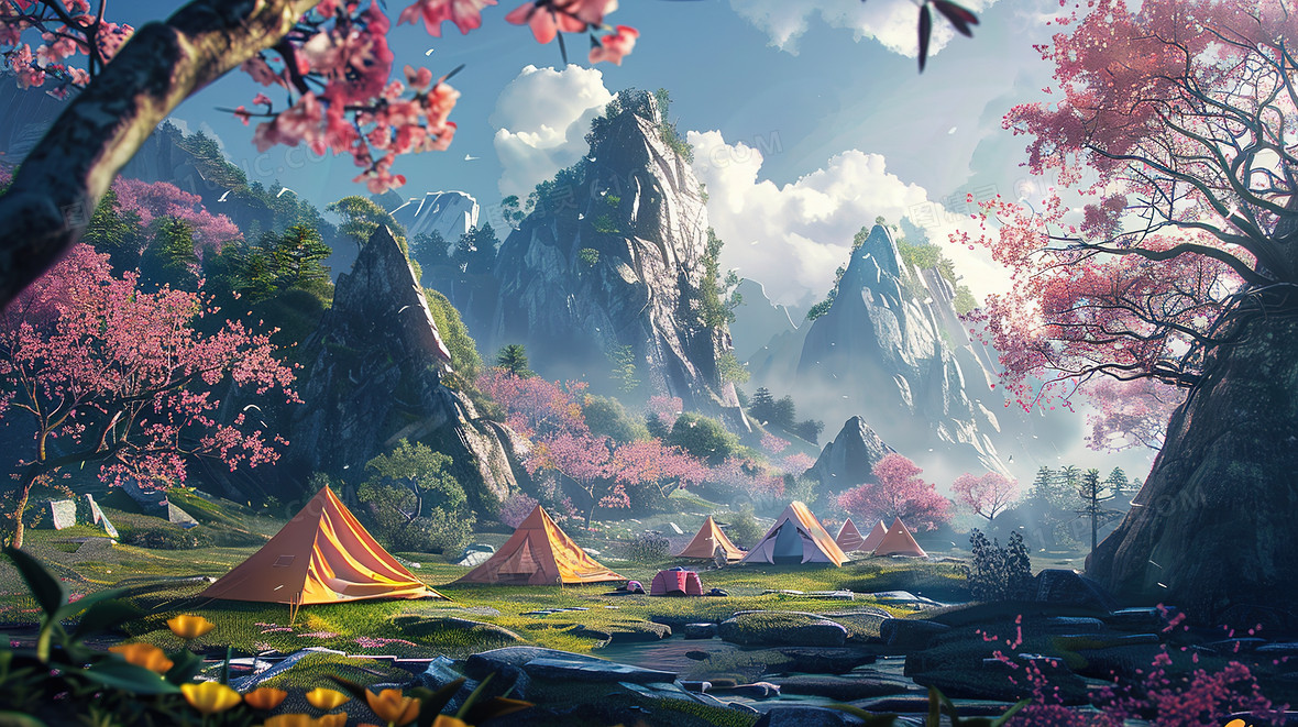 春天山林里露营的帐篷插画背景图片下载_2912x1632像素JPG格式_编号ve7f543r9_图精灵
