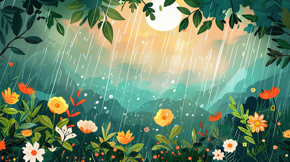 山林花草丛雨中的阳光插画