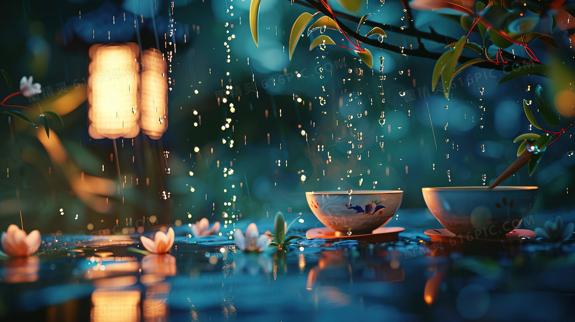 细雨中的春茶插画