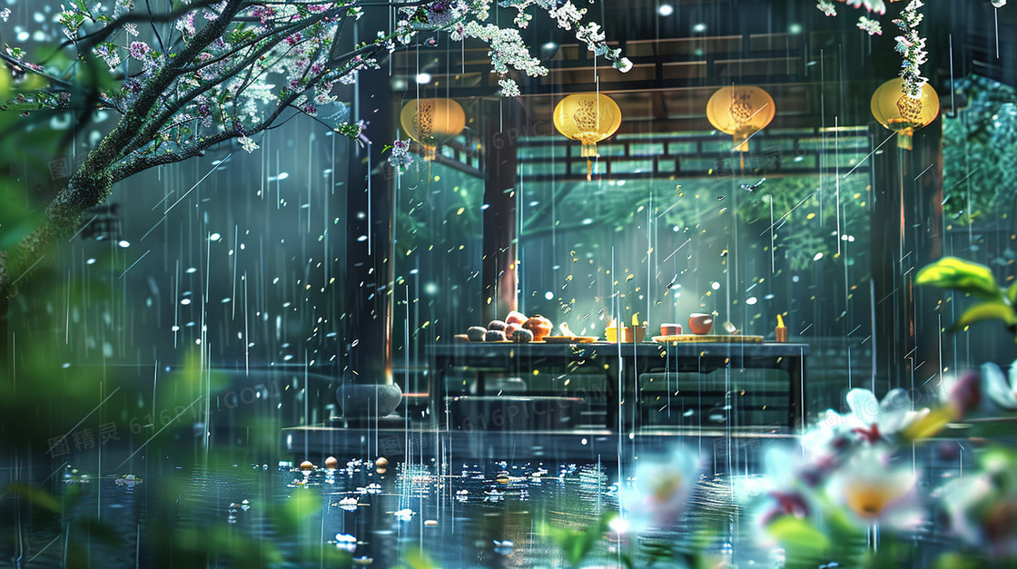 细雨中的山林凉亭插画