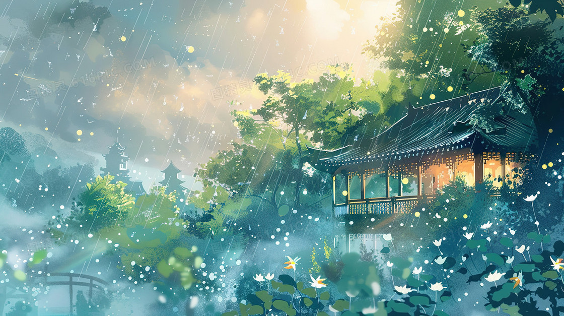 细雨中的山林凉亭插画