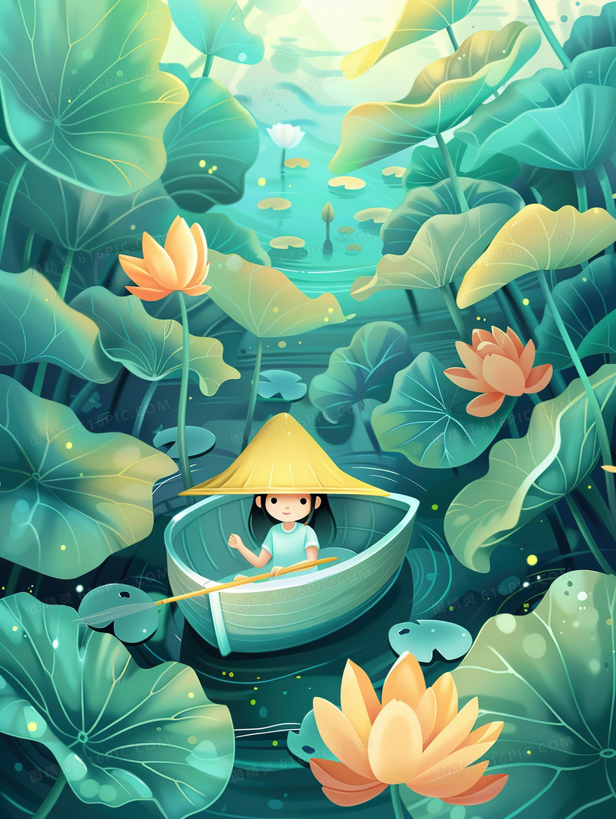 荷塘里撑着小舟观光的小女孩插画