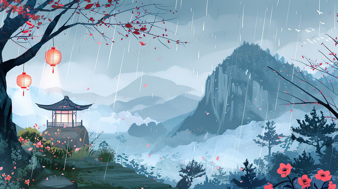 细雨中的山林凉亭插画