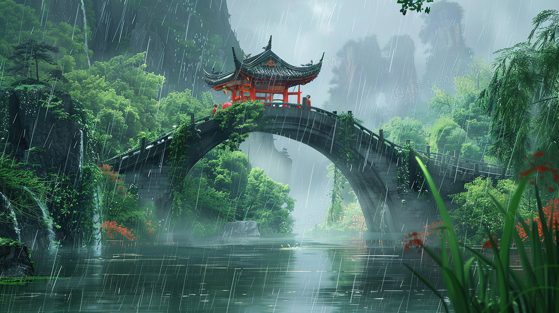 清明节古城中的古桥插