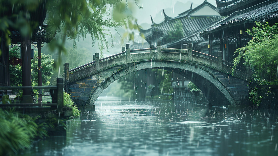 清明节古城中的古桥插