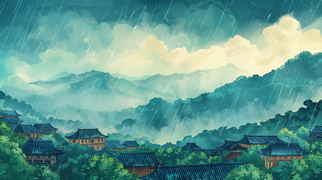雨中的山里的古镇插画