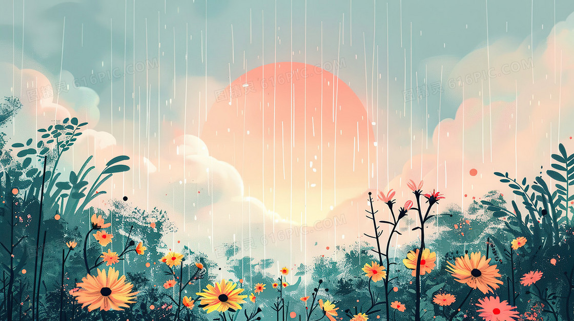 山林花草丛雨中的阳光插画