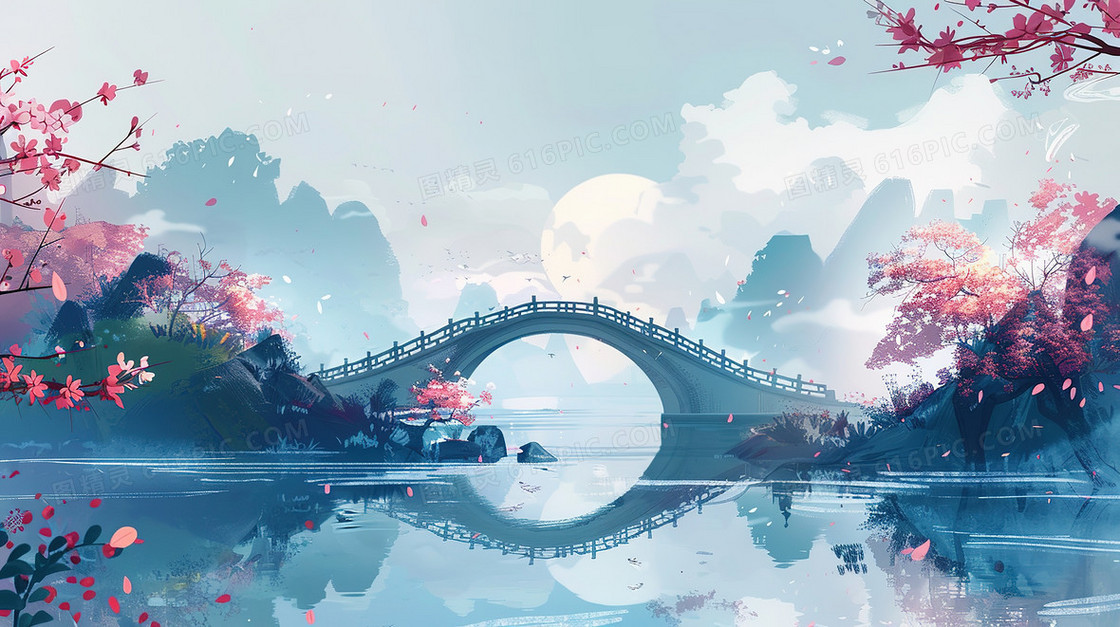 清明节山野中的古桥插画