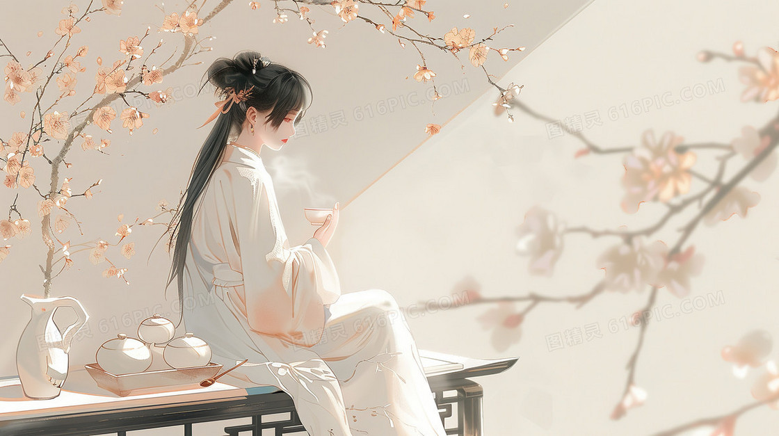 粉色桃树下品尝春茶的古典美人插画