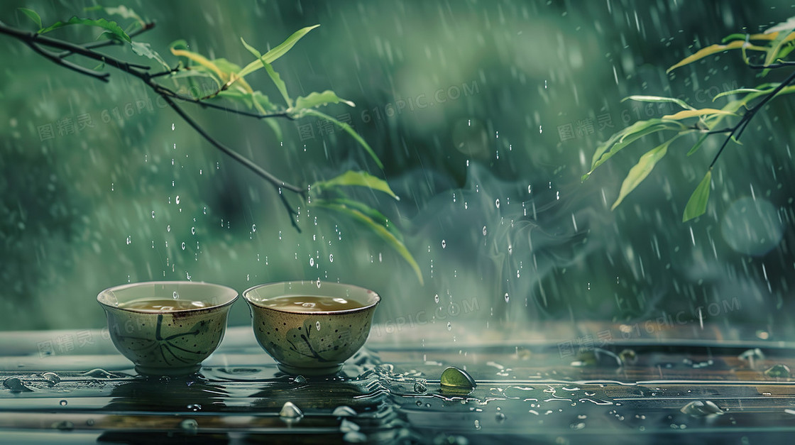 细雨中的春茶插画