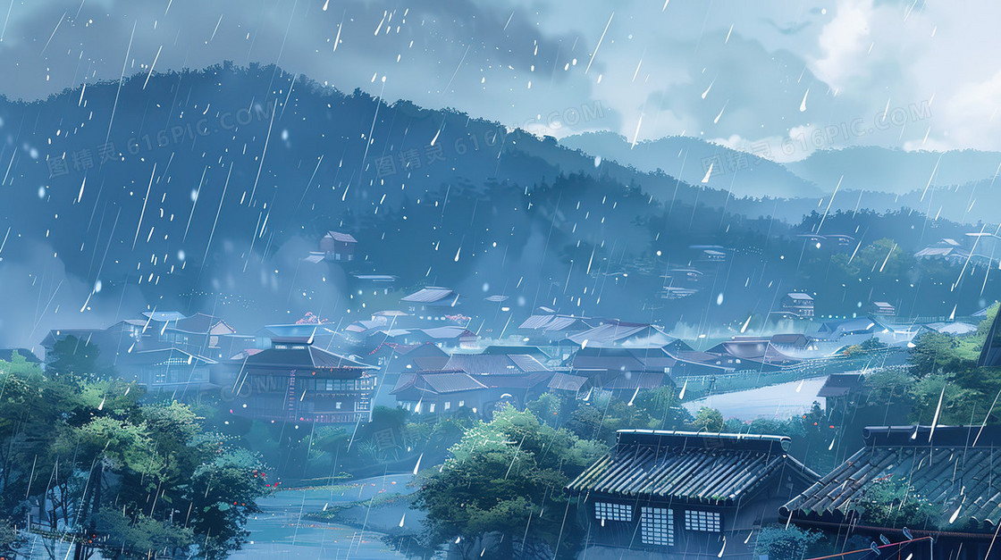 雨中的山里的古镇插画