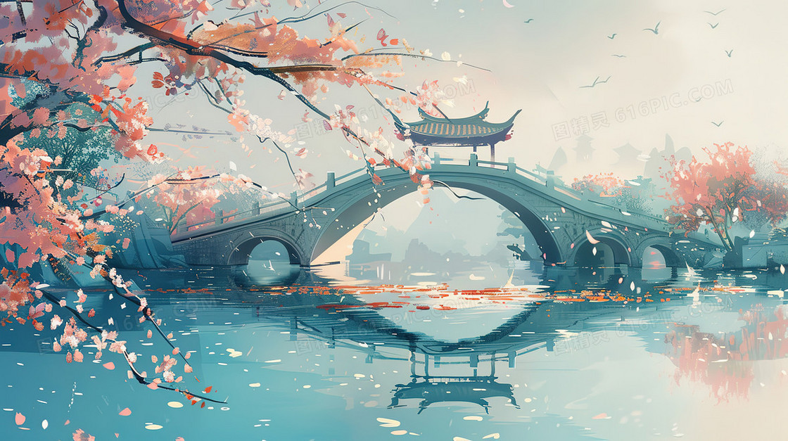 清明节山野中的古桥插画