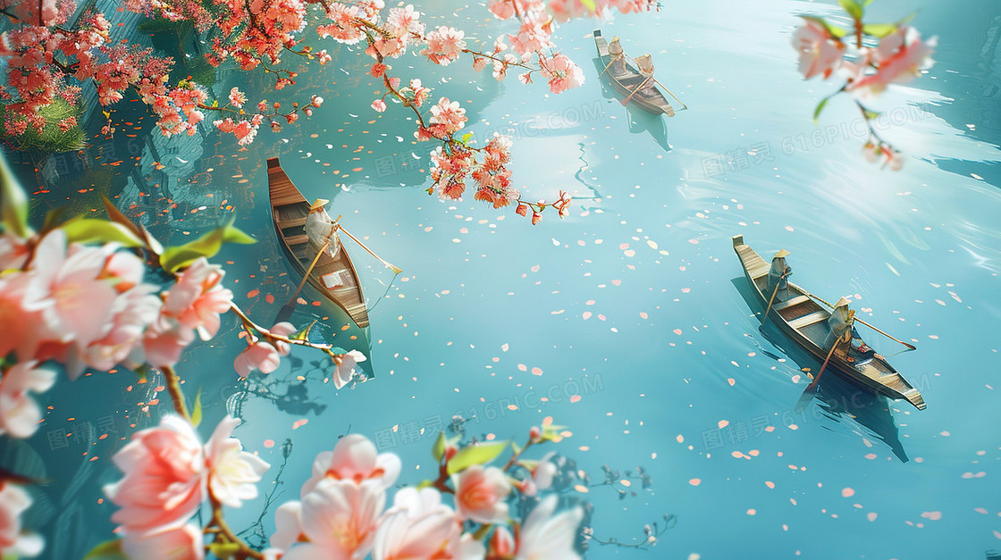 樱花树下河面上的小船插画