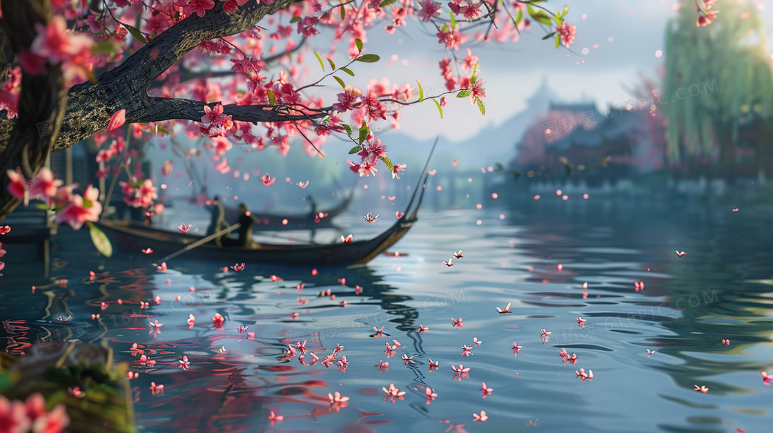 樱花树下河面上的小船插画