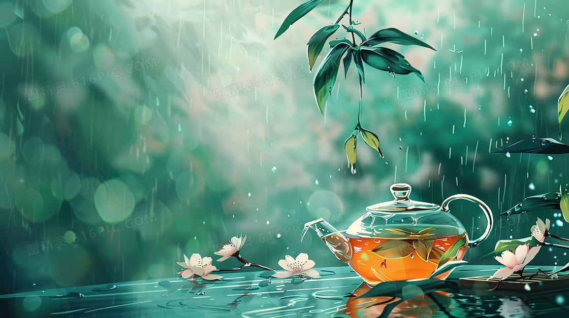 细雨中的春茶插画