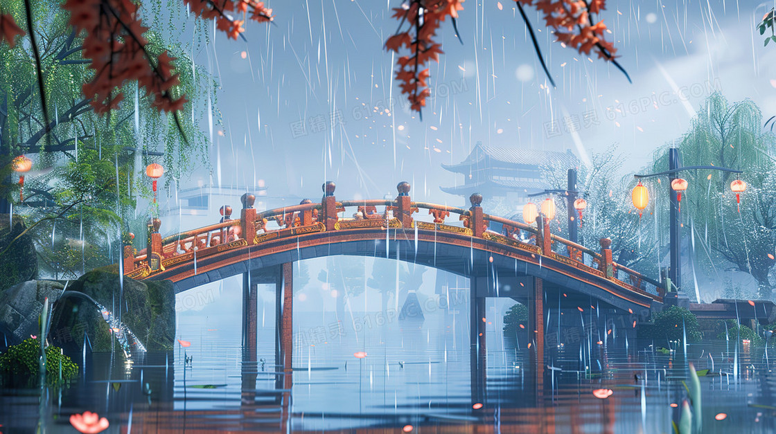 清明节古城中的古桥插