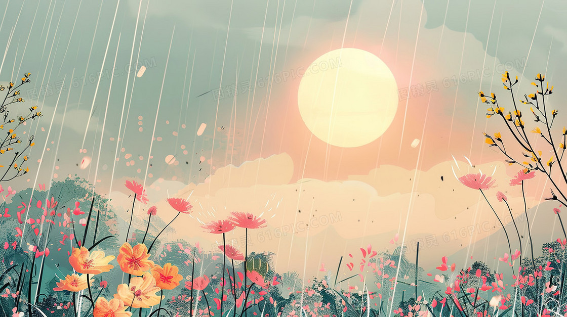山林花草丛雨中的阳光插画