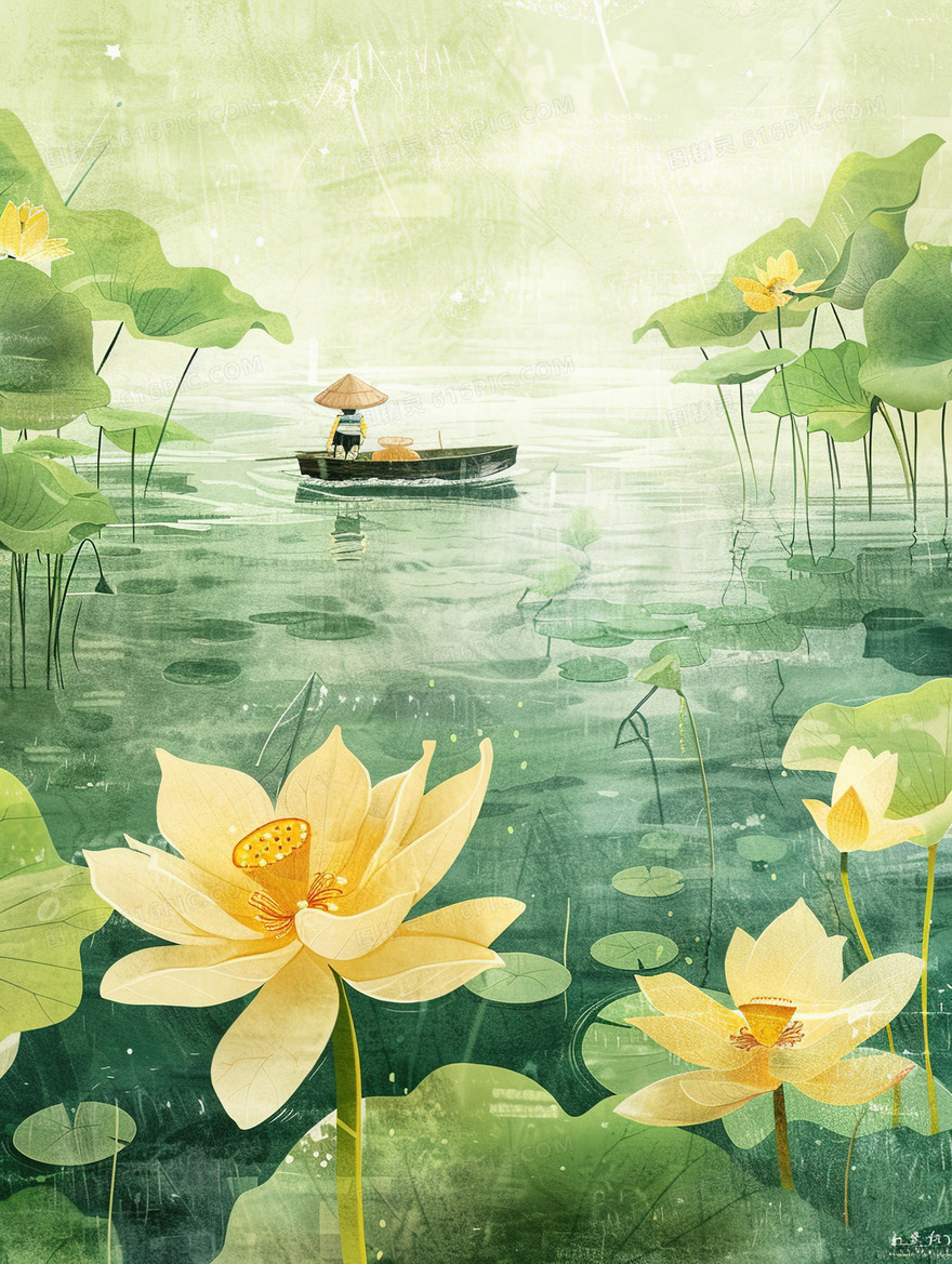 荷花盛开的荷塘里一个人撑着小舟观光插画