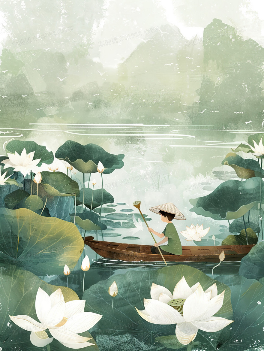 荷花盛开的荷塘里一个人撑着小舟观光插画
