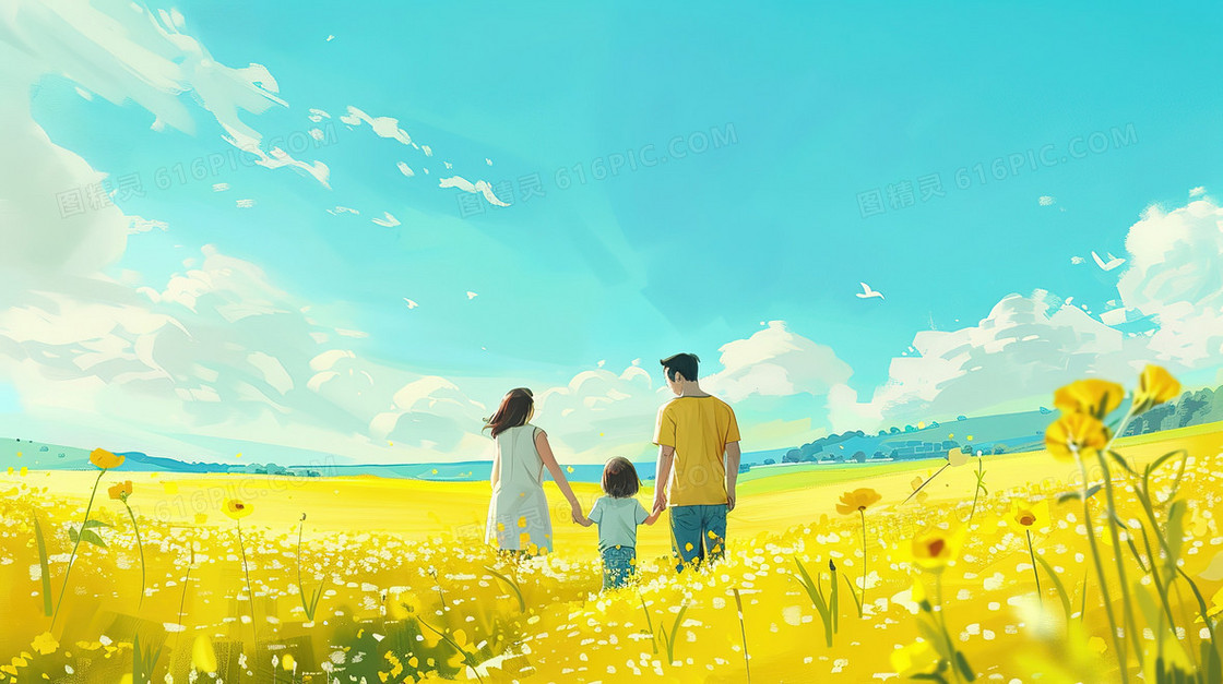 父母带着孩子在金黄色的花田里散步插画