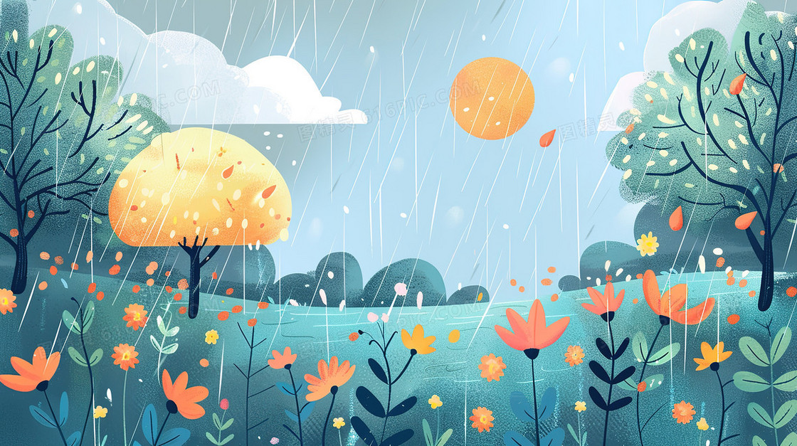 山林花草丛雨中的阳光插画