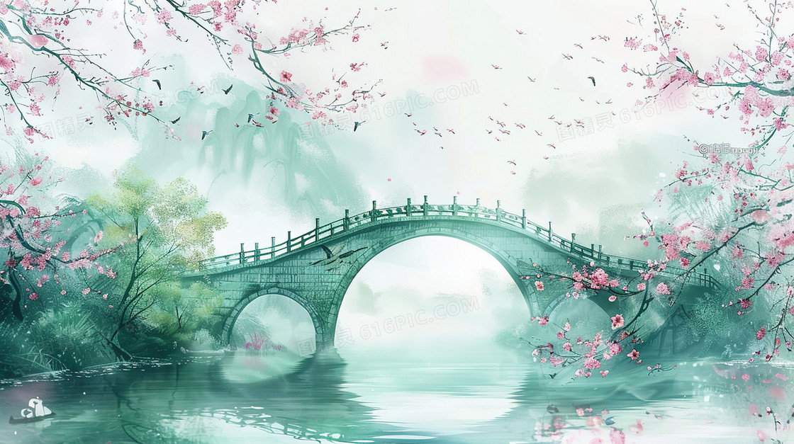 清明节山野中的古桥插画