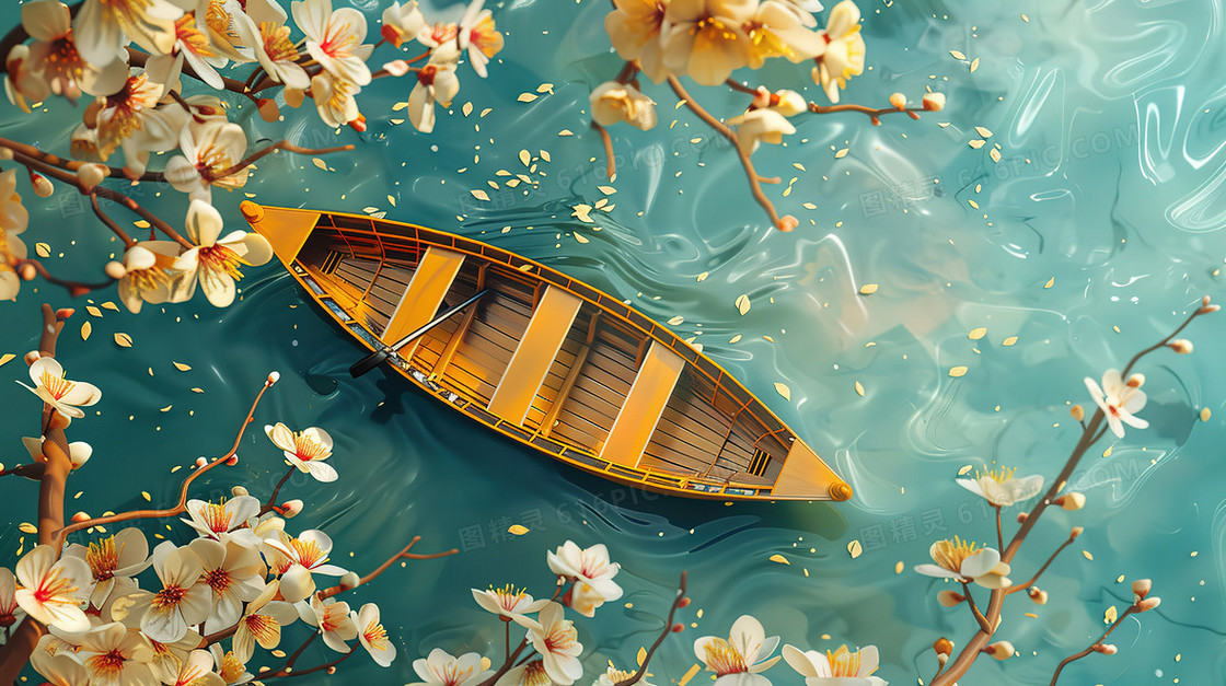 樱花树下河面上的小船插画
