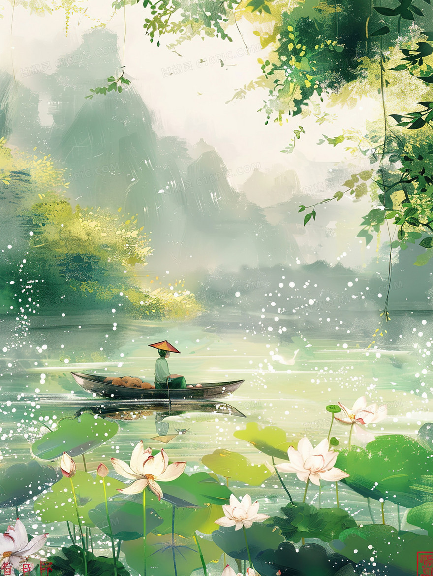 荷花盛开的荷塘里一个人撑着小舟观光插画