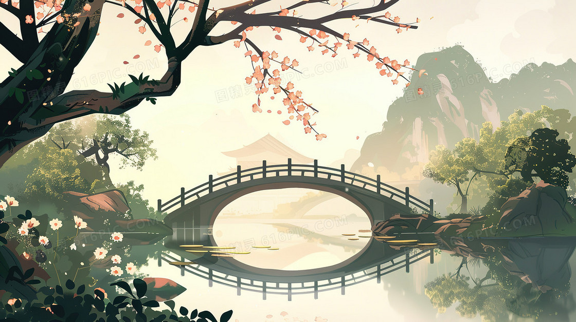 清明节山野中的古桥插画