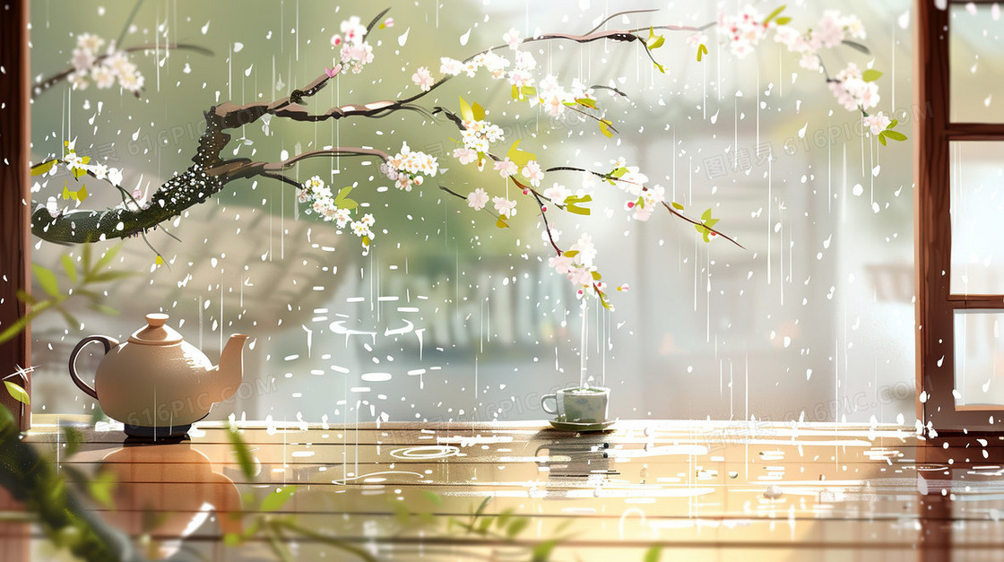 细雨中的春茶插画