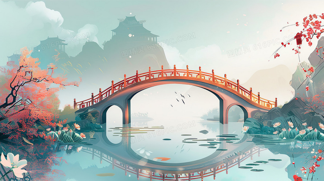 清明节山野中的古桥插画