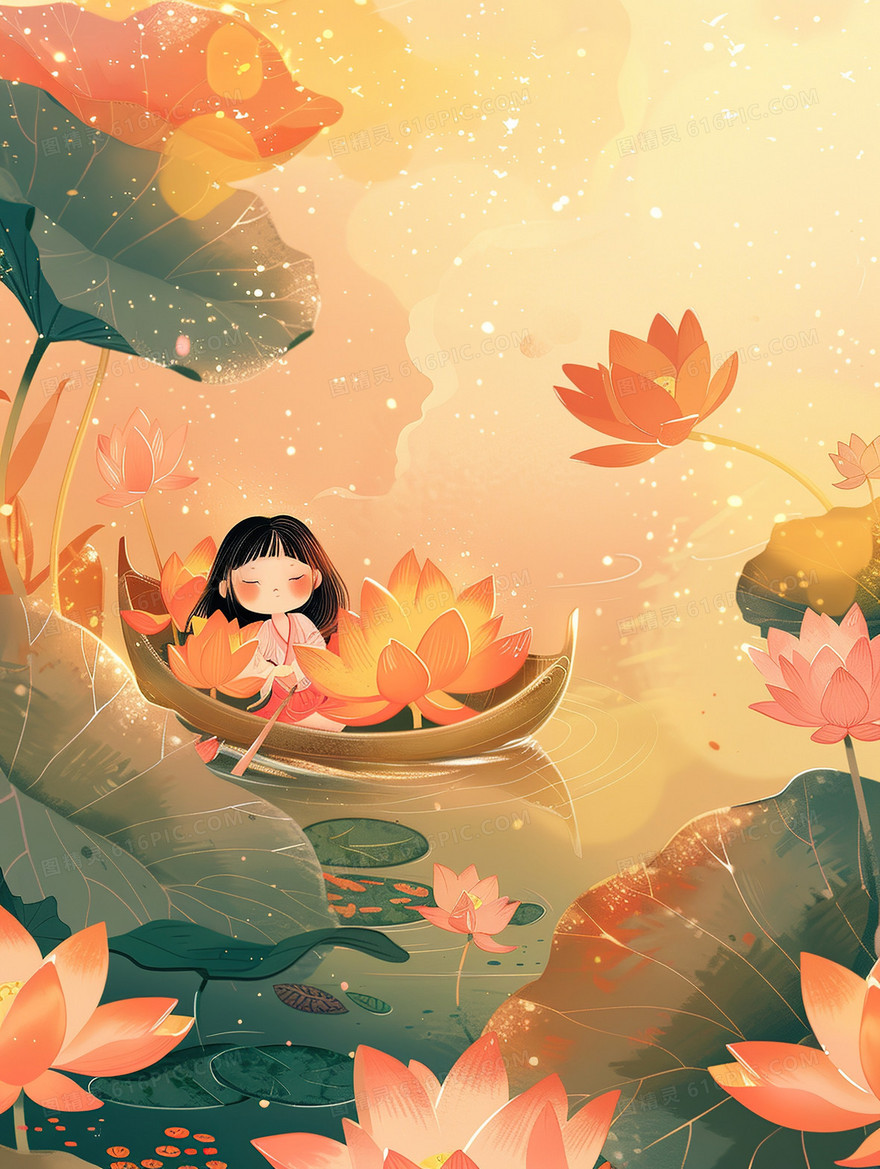 荷塘里撑着小舟观光的小女孩插画