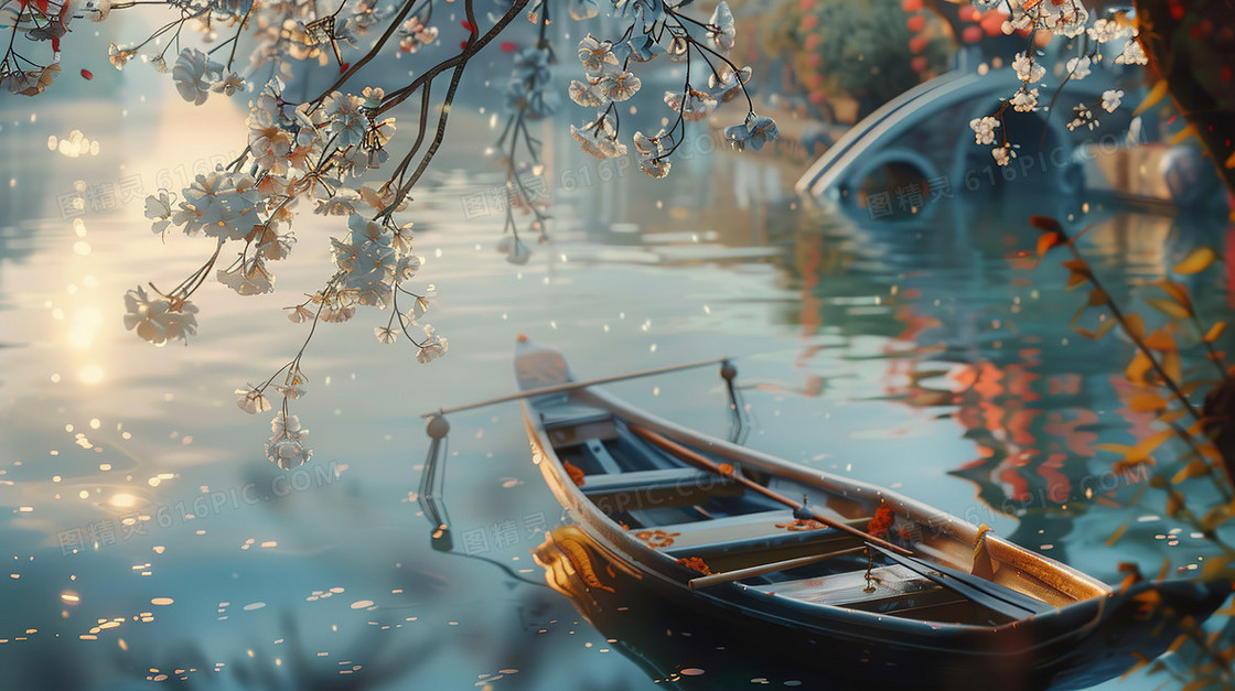 樱花树下河面上的小船插画