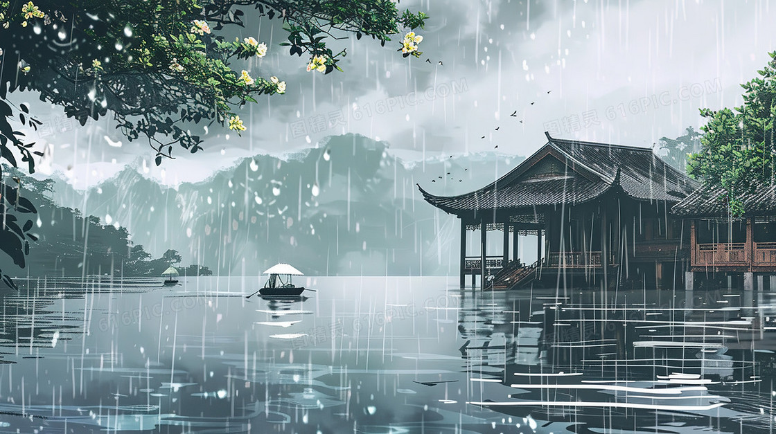 细雨中的山林凉亭插画