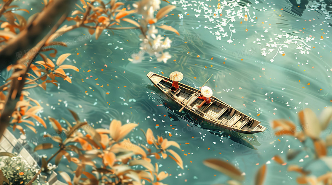 樱花树下河面上的小船插画