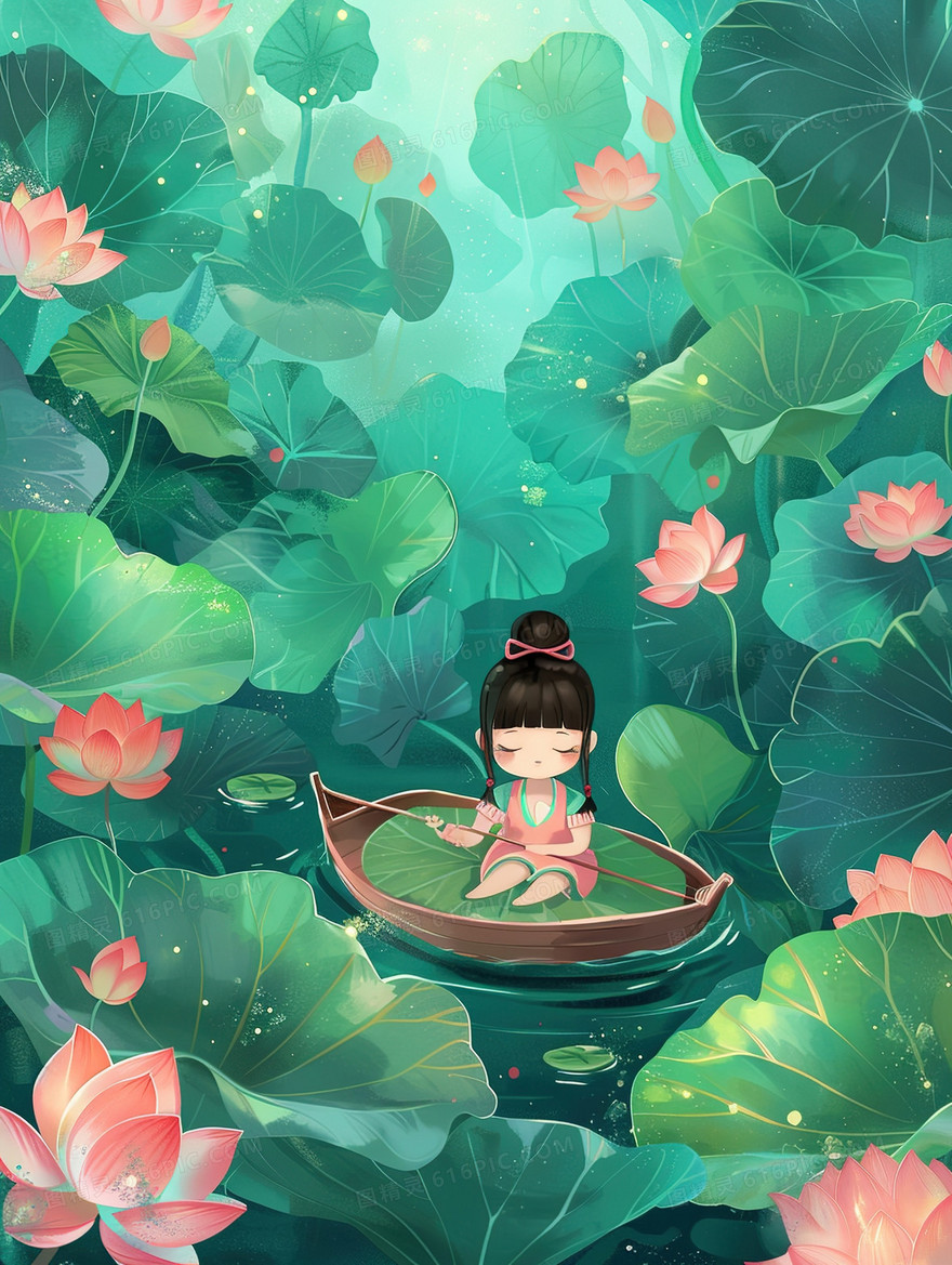 荷塘里撑着小舟观光的小女孩插画
