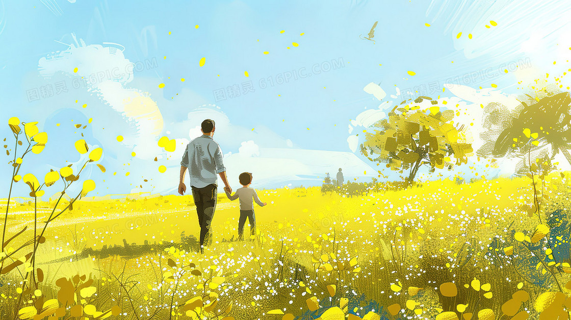 父亲带着孩子在金黄色的花田里散步插画