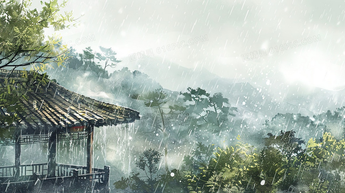 细雨中的山林凉亭插画