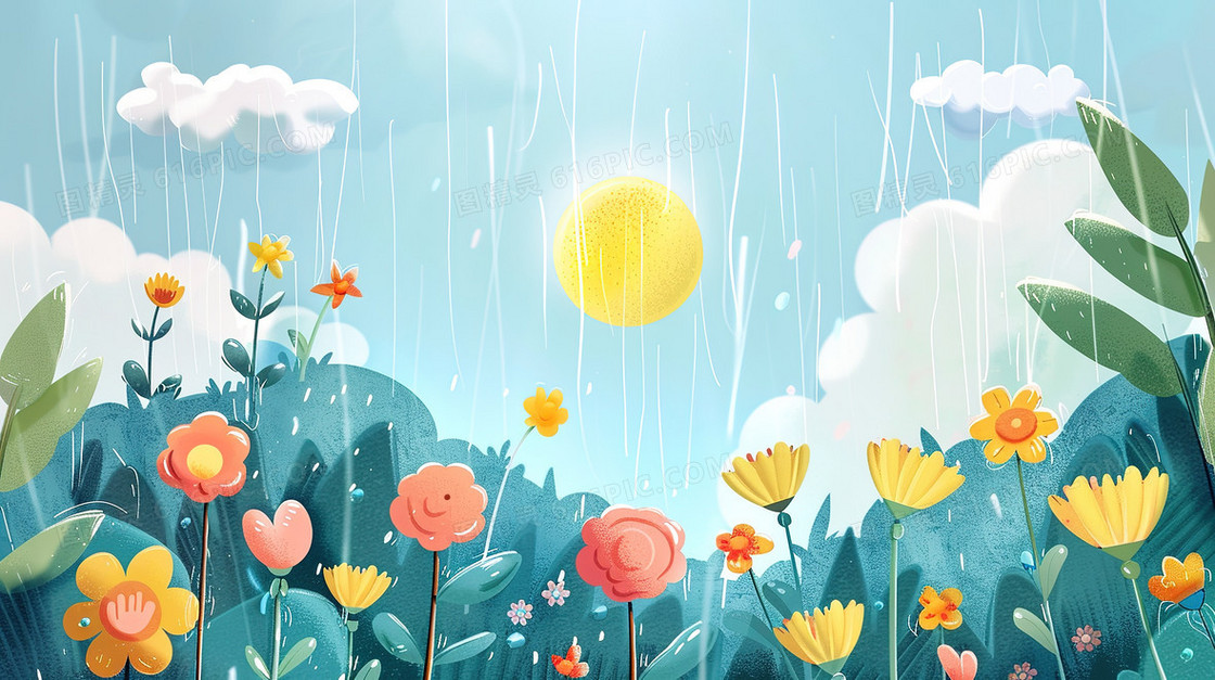 山林花草丛雨中的阳光插画