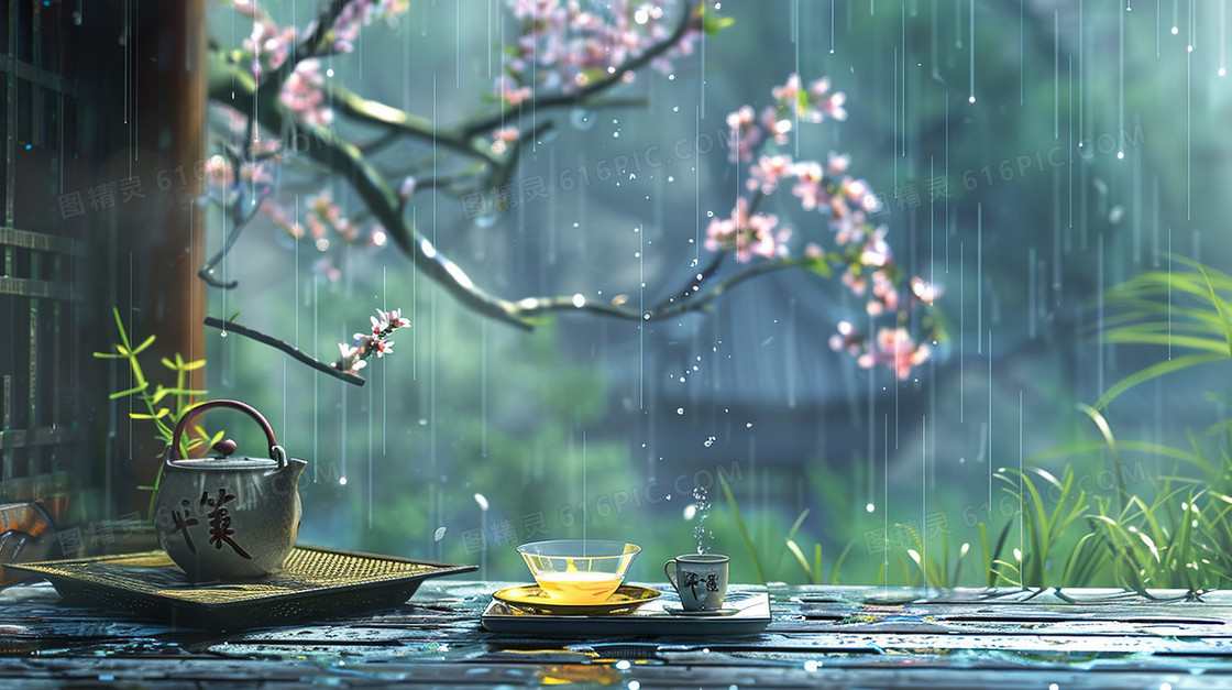 细雨中的春茶插画