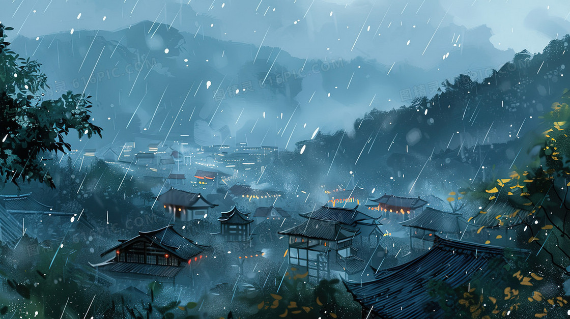 雨中的山里的古镇插画