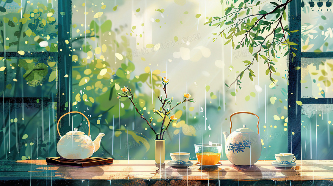 细雨中的春茶插画