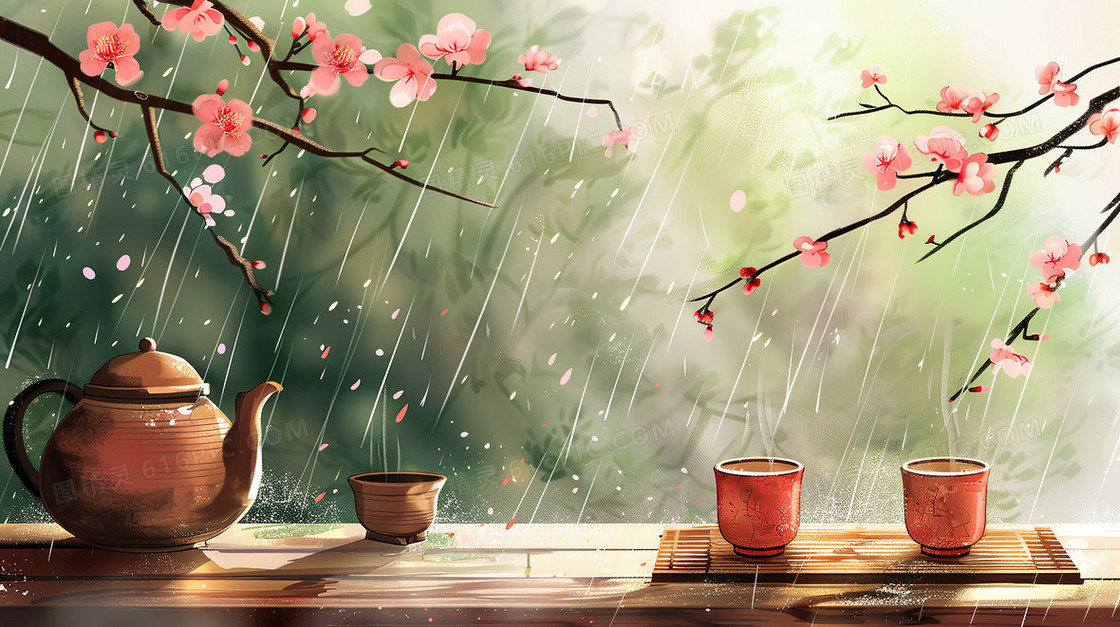 细雨中的春茶插画