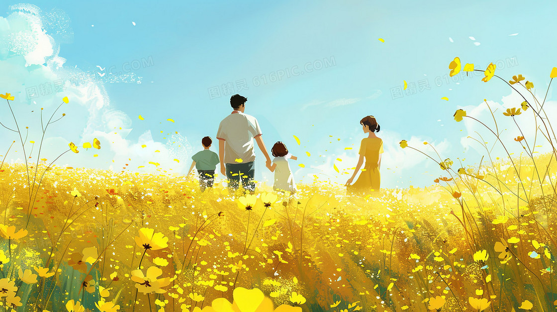 父母带着孩子在金黄色的花田里散步插画
