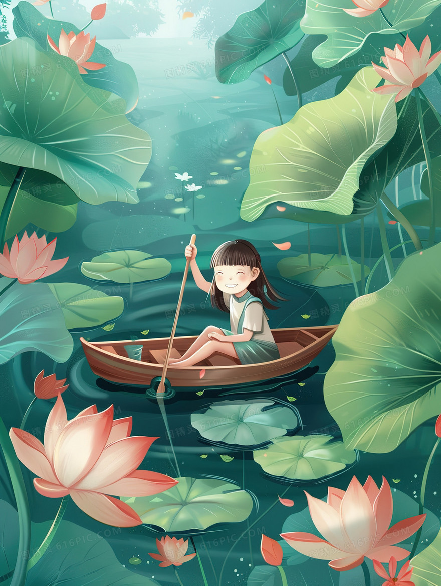 荷塘里撑着小舟观光的小女孩插画
