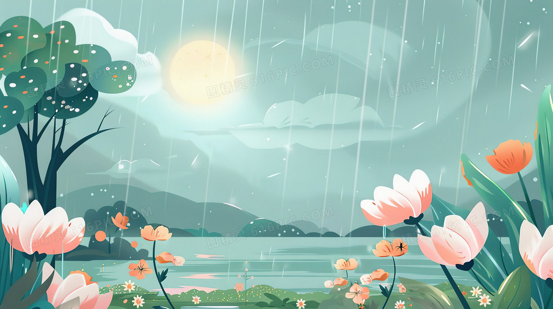 山林花草丛雨中的阳光插画