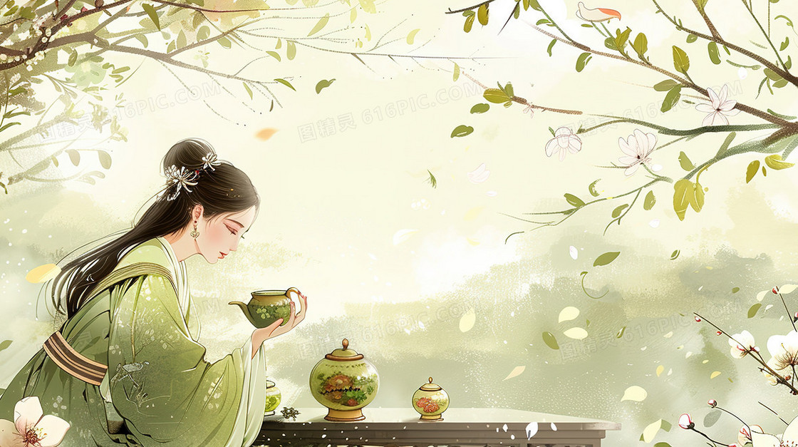 品尝春茶的古典美人插画