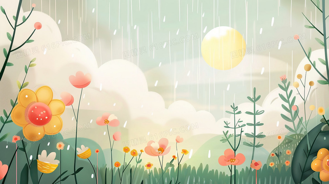 山林花草丛雨中的阳光插画